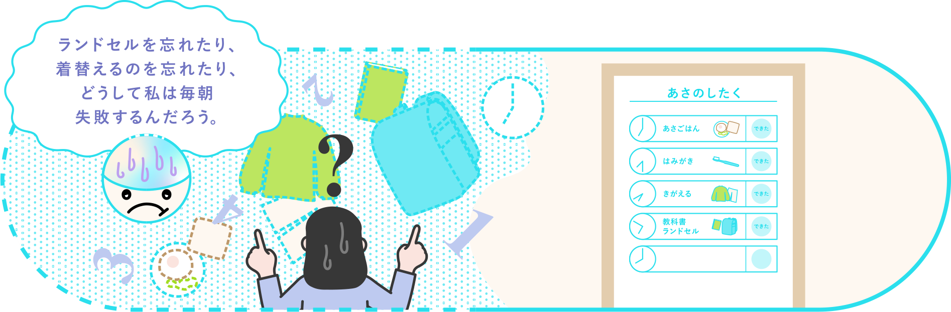 ランドセルを忘れたり、着替えるのを忘れたり、どうして私は毎朝失敗するんだろう。
